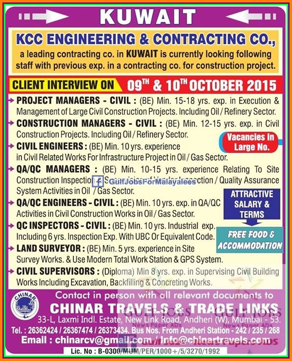 Contracting company jobs for Kuwait Gulf Jobs for Malayalees