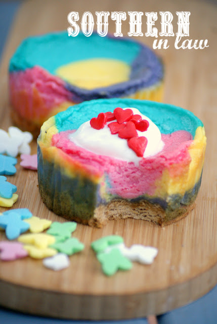 Healthy Rainbow Baked Cheesecake Recipe - low fat, gluten free, healthy, sugar free, easy, simple, low calorie, tie dye cheesecakes