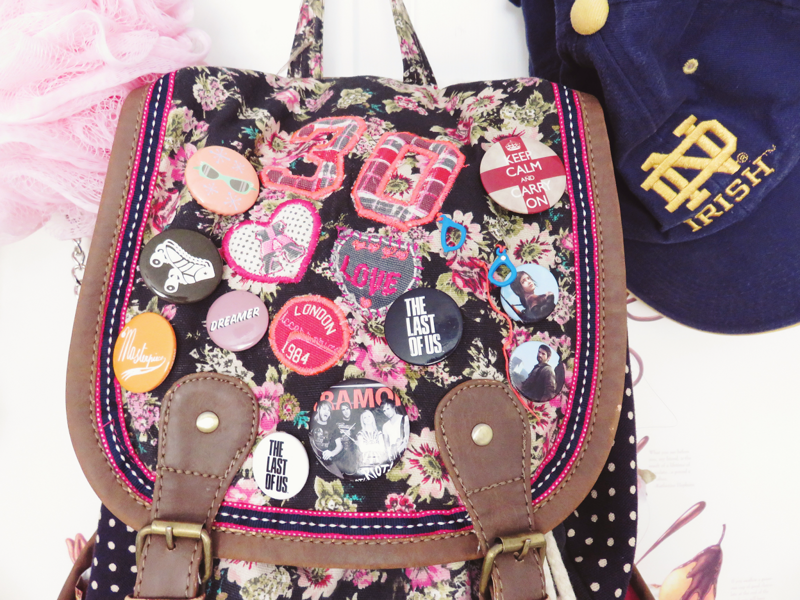 bag with badges and pins