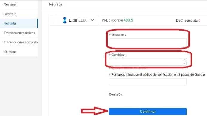 dirección y cantidad de monedas ELIXIR a enviar retirada withdraw criptomoneda Elixir ELIX