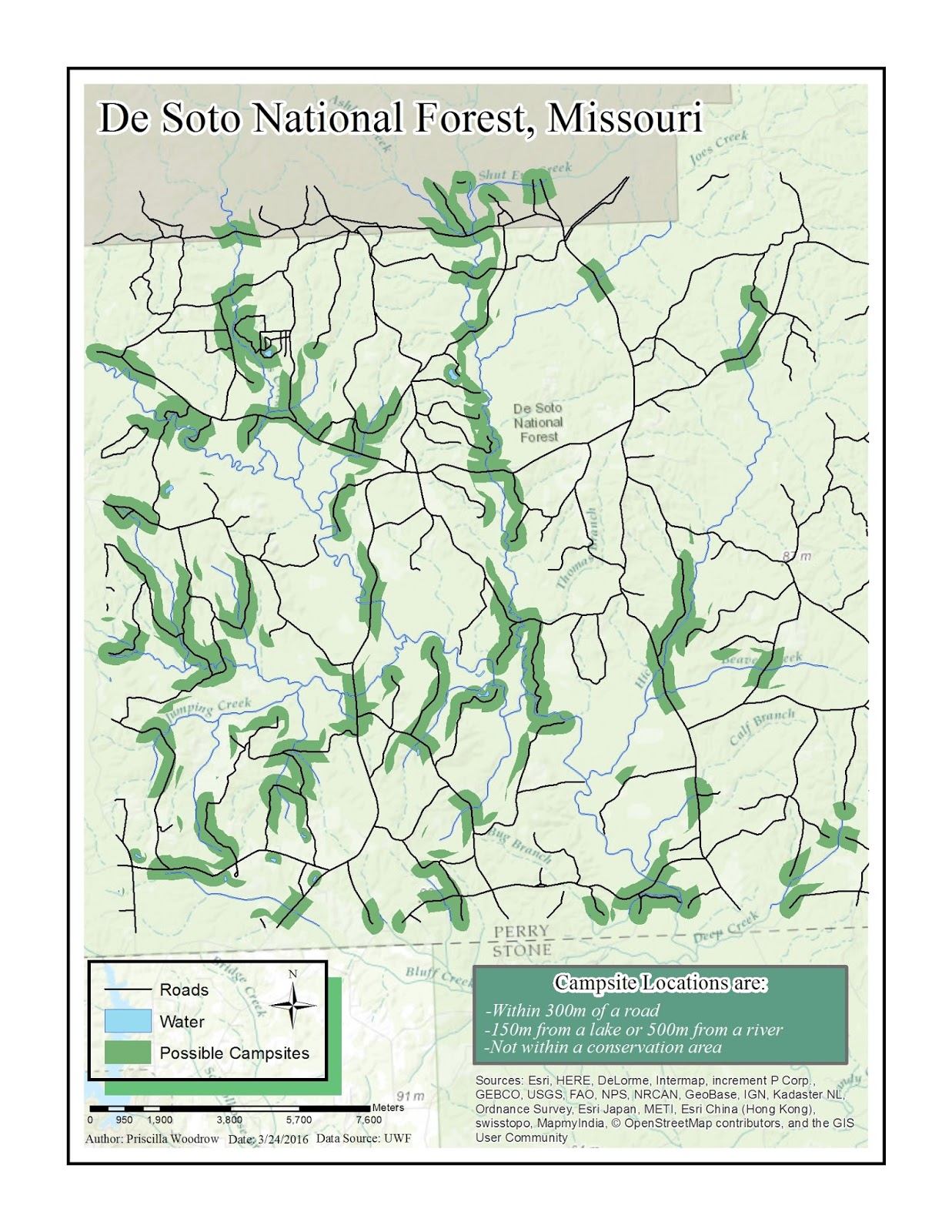 this map was created with the purpose of locating potential campsites in the de soto national forest missouri that are within 300 meters of a road this map was created with the purpose of locating potential campsites in the de soto national forest missouri that are within 300 meters of a road