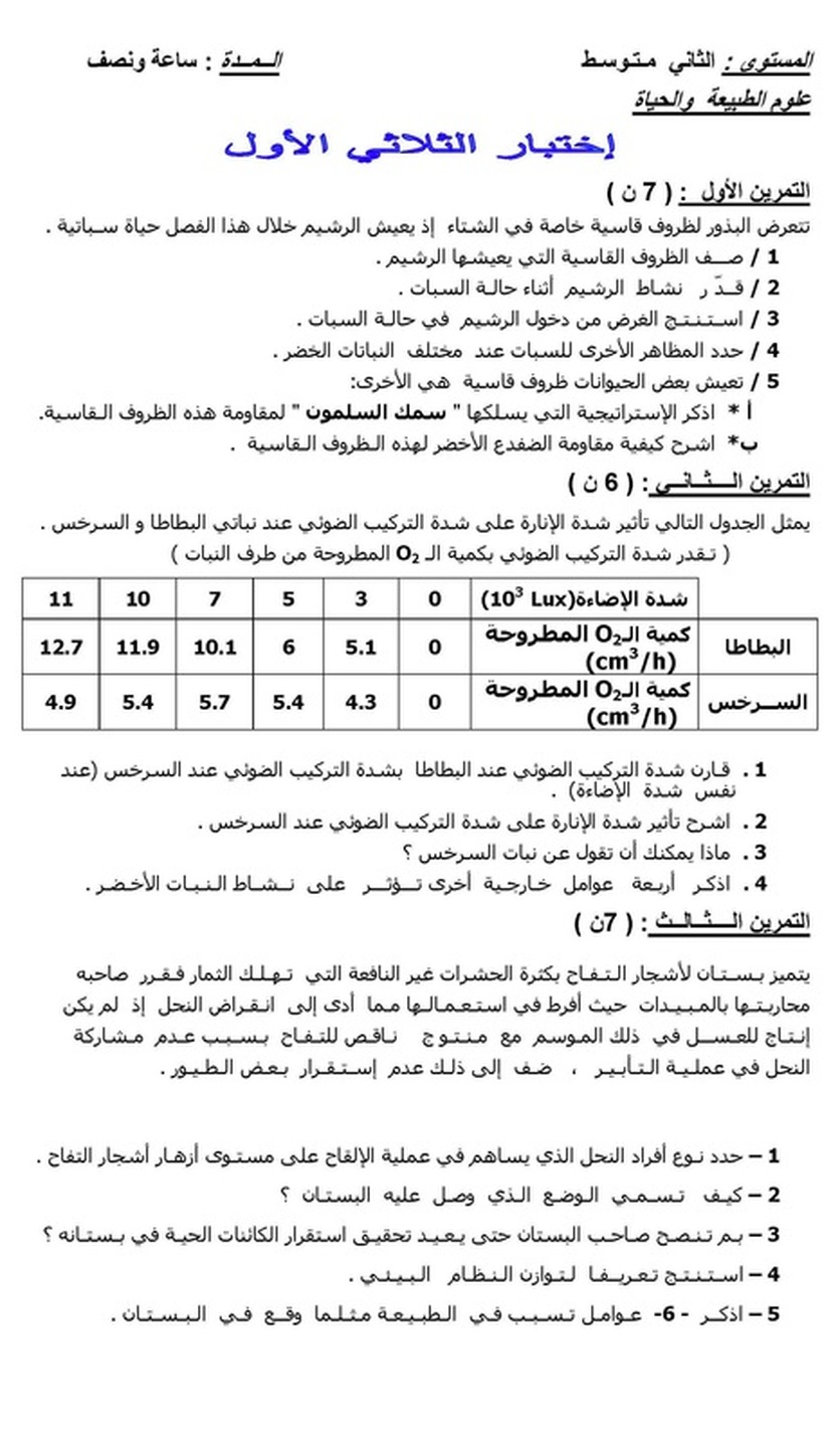 امتحان العلوم الطبيعية للسنة الثانية متوسط الفصل الأول امتحان العلوم الطبيعية