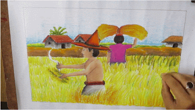 Menggambar pemandangan desa saat petani memanen padi di ladang Tutorial menggambar pemandangan desa saat petani memanen padi di ladang