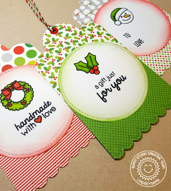 Sunny Studio Stamps: Holiday Gift Tags using Cresent Tag Topper Dies & Christmas Icons Stamps by Lindsey Sams.