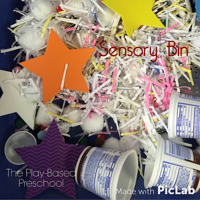 Textures, textures, textures - 5 senses sensory bin. Cotton balls and paper. All it needs now is some pasta.