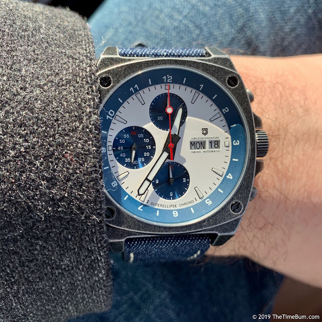 Jubileon Superellipse Chronograph Blue on White Vintage Gunmetal wrist shot