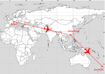 Florian in Neuseeland: Flug Zürich-Hongkong-Auckland