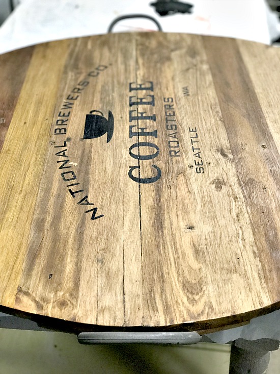 coffee stencil on reclaimed wooden tray