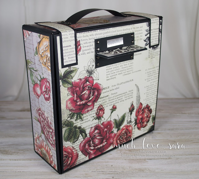 Created using Fun Stampers Journey products, this gorgeous vintage style camera box has a clean shabby chic style.  Opened up, the "camera" extends out, leaving accordian folder style pockets, for photo storage or display.  Purchase the products used by visiting funstampersjourney.com/muchlovesara
