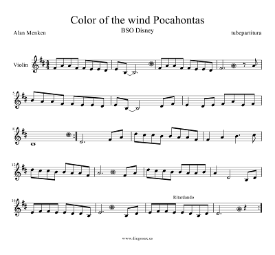 Partitura de Violín para Colors of the Wind de Alan Menken. Partitura de la película de dibujos animados Disney "Pocahontas" Colores en el Viento para tocar con el instrumento de curdas violin
