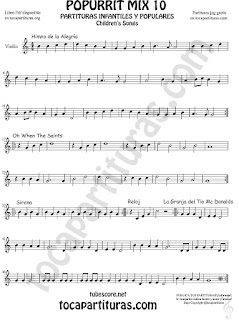  Mix 10 Partitura de Violín Himno de la Alegría Oh When the Saints, Sirena, Reloj y La Granja del Tio Gilito Popurrí Mix 10 Sheet Music for Violin Music Scores