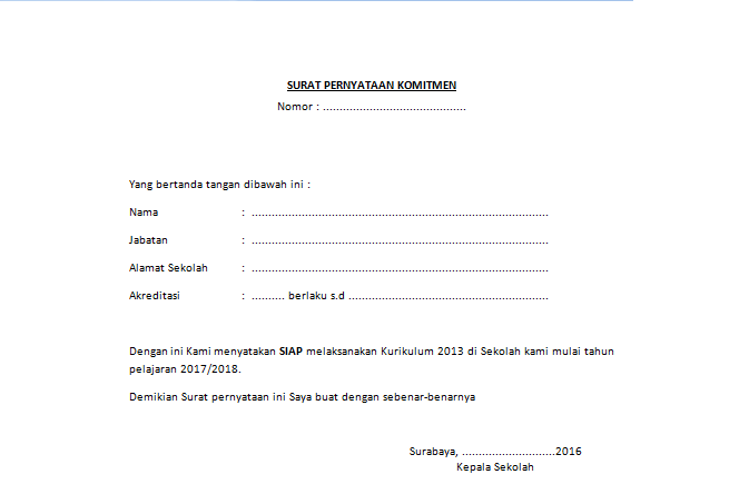Surat Pernyataan Kesanggupan Melaksanakan Kurikulum 2013