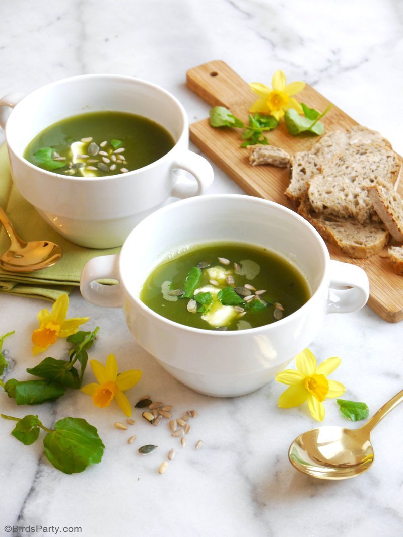 Gluten-Free Vegan Watercress Spring Soup - a quick, easy and super delicious healthy soup, perfect for dinner party or party appetizers at Easter! by BIrdsParty;com @birdsparty #souprecipe #springsoup #veganrecipe #glutenfreerecipe #healthyfood