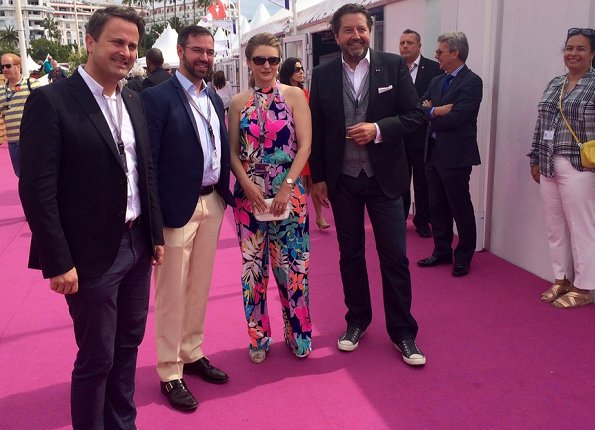 Hereditary Grand Duke Guillaume and Hereditary Grand Duchess Stéphanie at the Cannes Film Festival 2017. Stephanie wore colourful havana palm jumpsuit