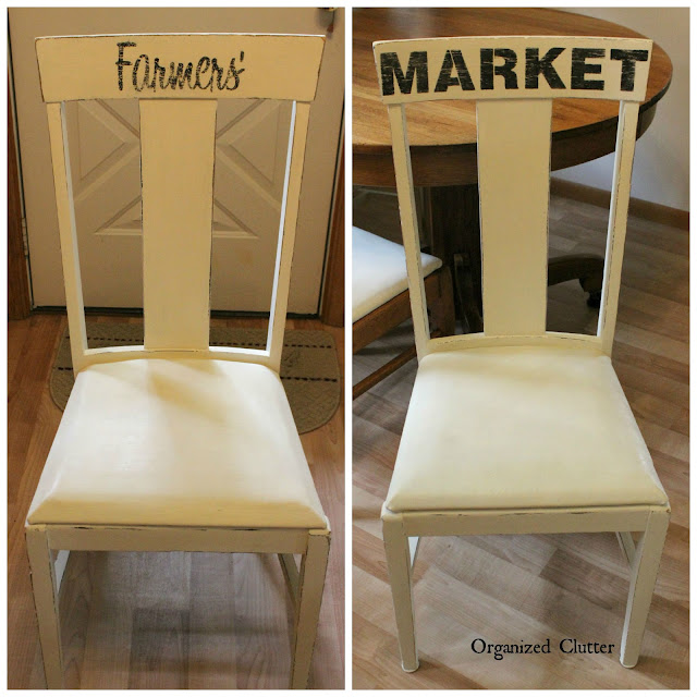 Farmhouse Chairs Stenciled with FJI Old Sign Stencils www.organizedclutter.net