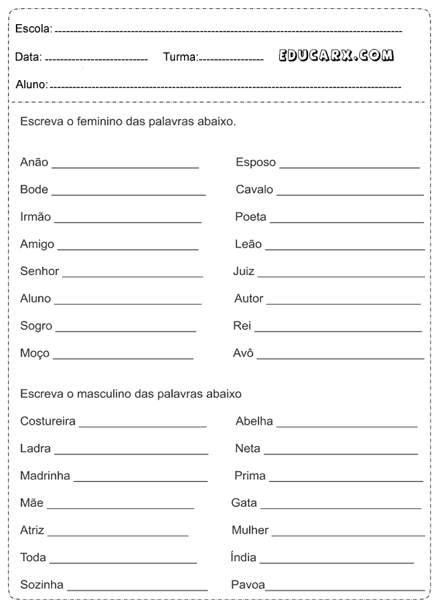 atividades 3 ano masculino e feminino