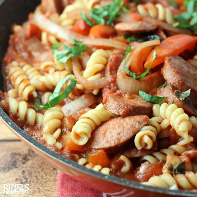 Smoked Sausage and Pepper Pasta Skillet in pan