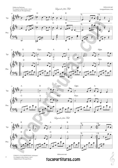 2 Leyendas de Pasión Partitura de Trompeta y Fliscorno en Si bemol Legends of the Fall Sheet Music for Trumpet and Flugelhorn