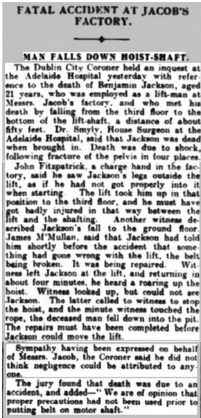 Benjamin Jackson, Accidental death, 1912, Jacob's Biscuit factory, Dublin, 
