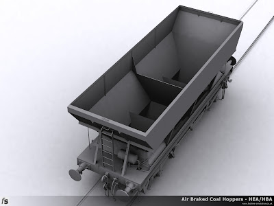 Fastline Simulation - HBA Hopper: Top view of the completed shape of the HBA coal hopper for RailWorks Train Simulator 2012 showing the interior of the hopper and a high view of the air tank and associated pipework.
