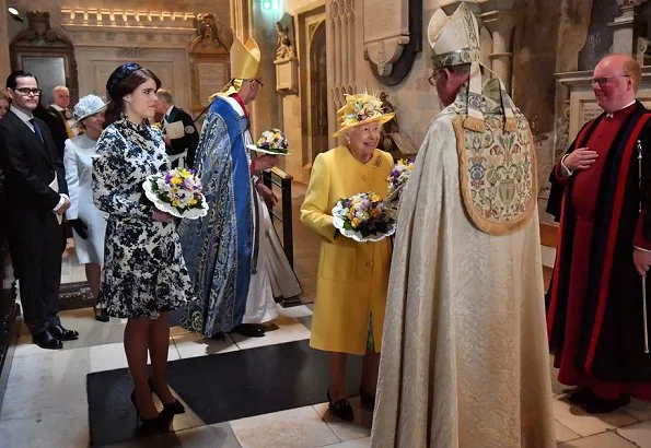 Queen Elizabeth II accompanied by Princess Eugenie of York, attended the Royal Maundy Service. Erdem Bernette floral print silk dress