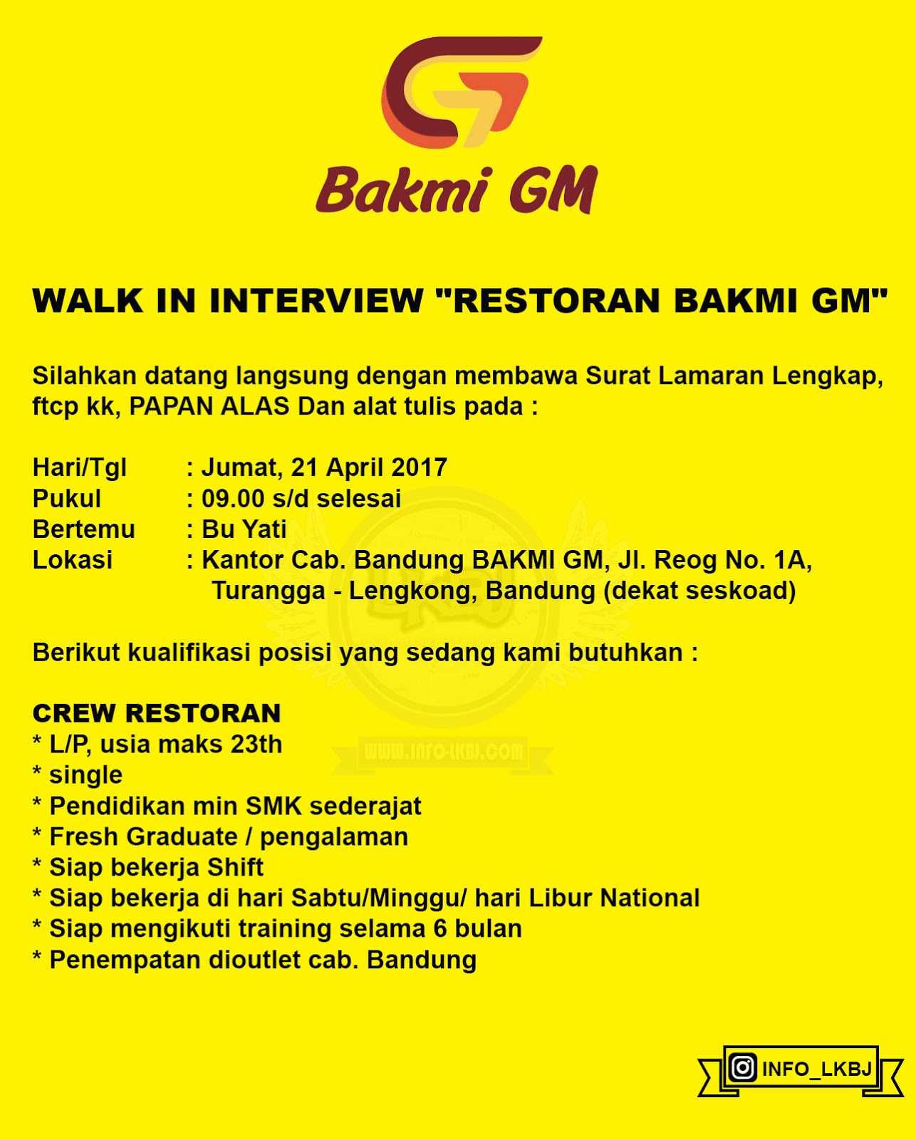 WALK IN INTERVIEW "RESTORAN BAKMI GM" Loker Lowongan Kerja 