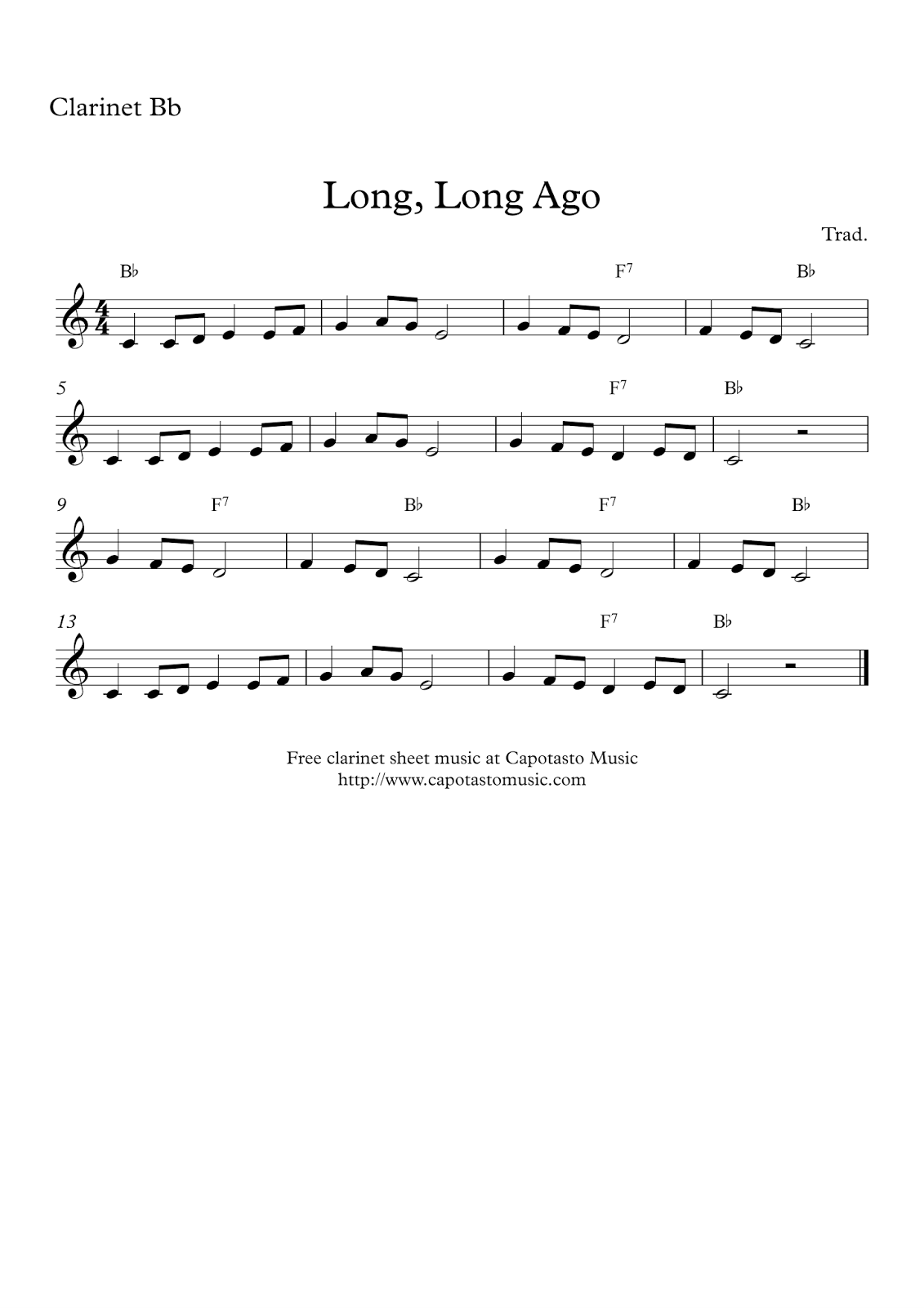 Free easy clarinet sheet music - Long, Long Ago