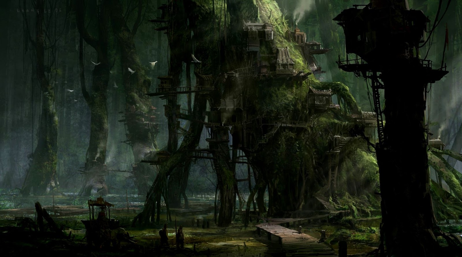 Khang Le nature landscapes trees forests fantasy world dark fog mist