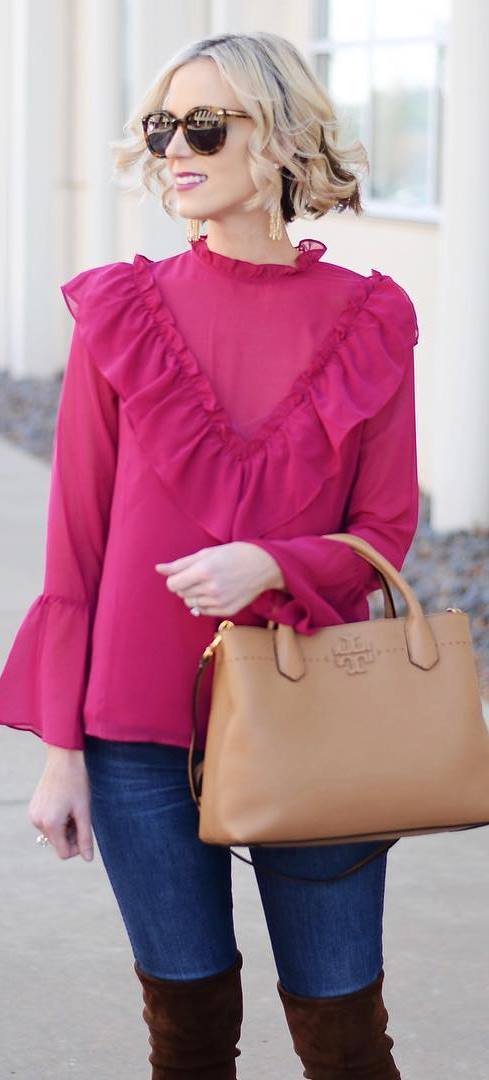 how to style a fuxia blouse : bag + skinny jeans + brown over knee boots