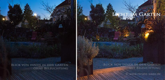 Der Garten mit und ohne Gartenbeleuchtung im Vergleich