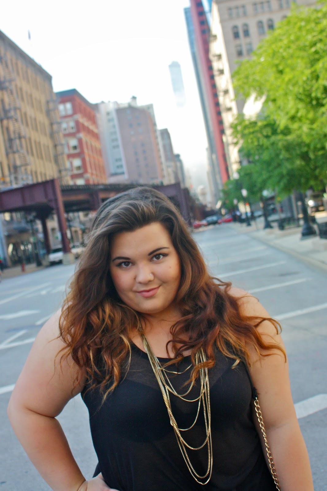 stylzoo, plus size fashion blogger, plus size fashion, Forever21, gold chain, see through, maxi skirt, stripes, summer fashion, natalie craig, natalie in the city, chicago, black ensemble, all black everything, plus size retailer, ootd, outfit of the day, spikes, clutch, H&M, curly hair, ombre hair