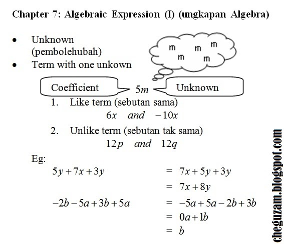 Nota Matematik Tingkatan 1  Bab 7 : Ungkapan Algebra 