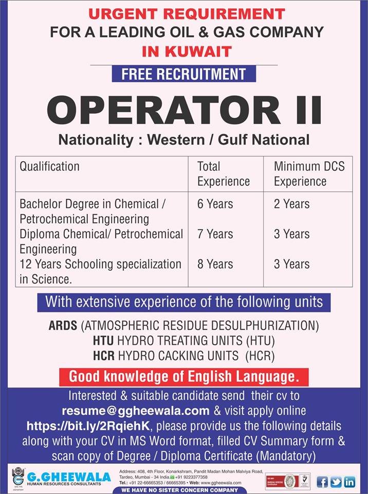 Operator Requirement for Oil & Gas company in Kuwait Operator Requirement for Oil & Gas company in Kuwait