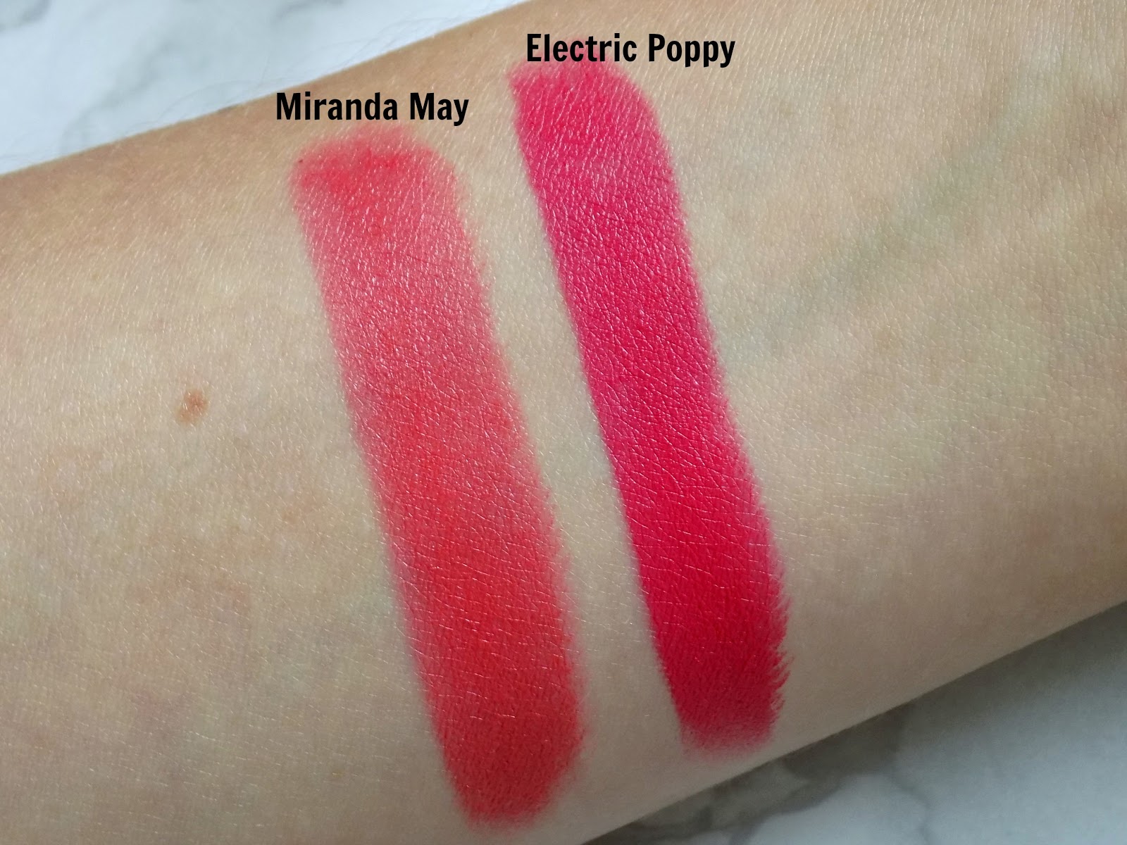 Charlotte Tilbury Hot Lips lipsticks: Electric Poppy & Miranda May