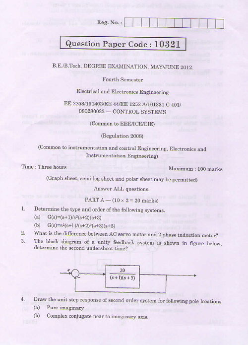 EE2253 Control Systems May June 2012 Question Paper University