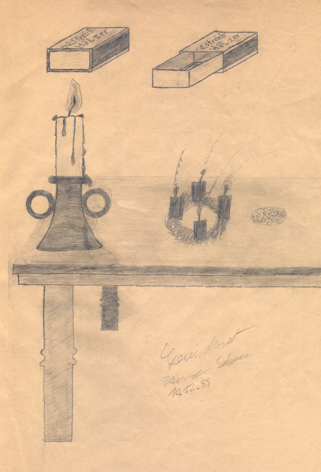 Bleistiftzeichnung - Tisch, Kerzen & Streichhölzer (1988-12-10)