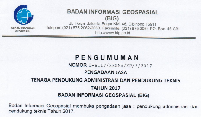 Lowongan Kerja Badan Informasi Geospasial Berbagai Posisi Tahun 2017