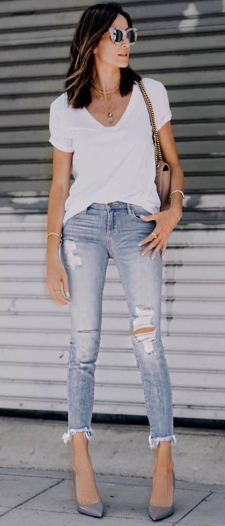 cool outfit / white top + bag + heels + ripped jeans