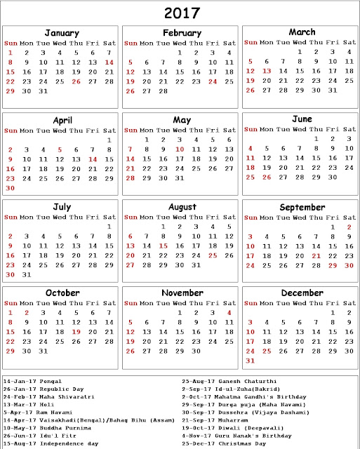 2017 Calendar with Bank Holidays