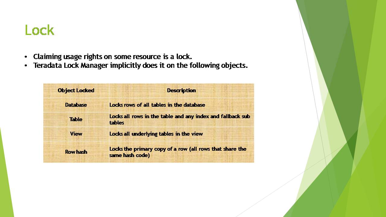 Database and Warehouse Concepts Teradata Locks