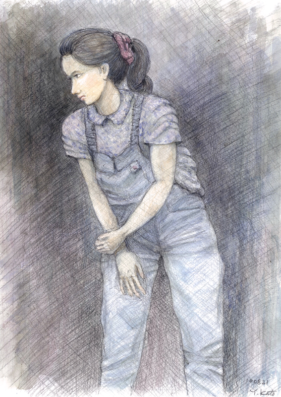 ［一点もの］絵画　ジーンズの女性 一点もの］絵画 日本画 ジーンズの女性