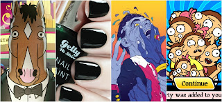A collage of BoJack Horseman, Barry M nail polish, an Everything Everything album and a screenshot from Pocket Mortys