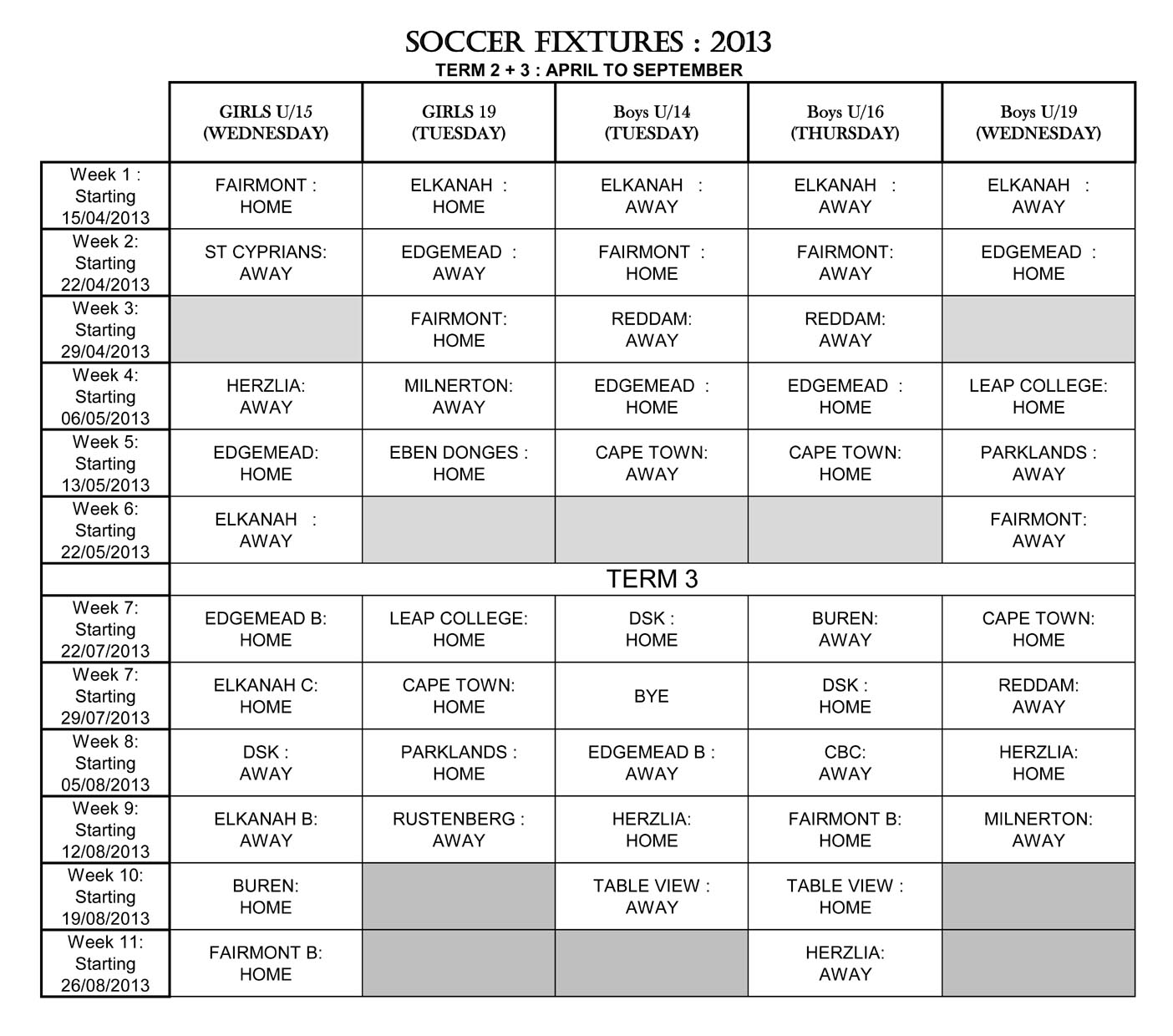 Camps Bay High School CBHS Soccer Fixtures for Terms 2 & 3 April to
