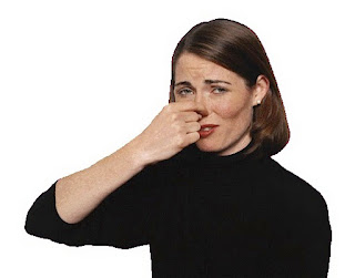 stinky smell causes lady to hold her nose plugged to avoid smell