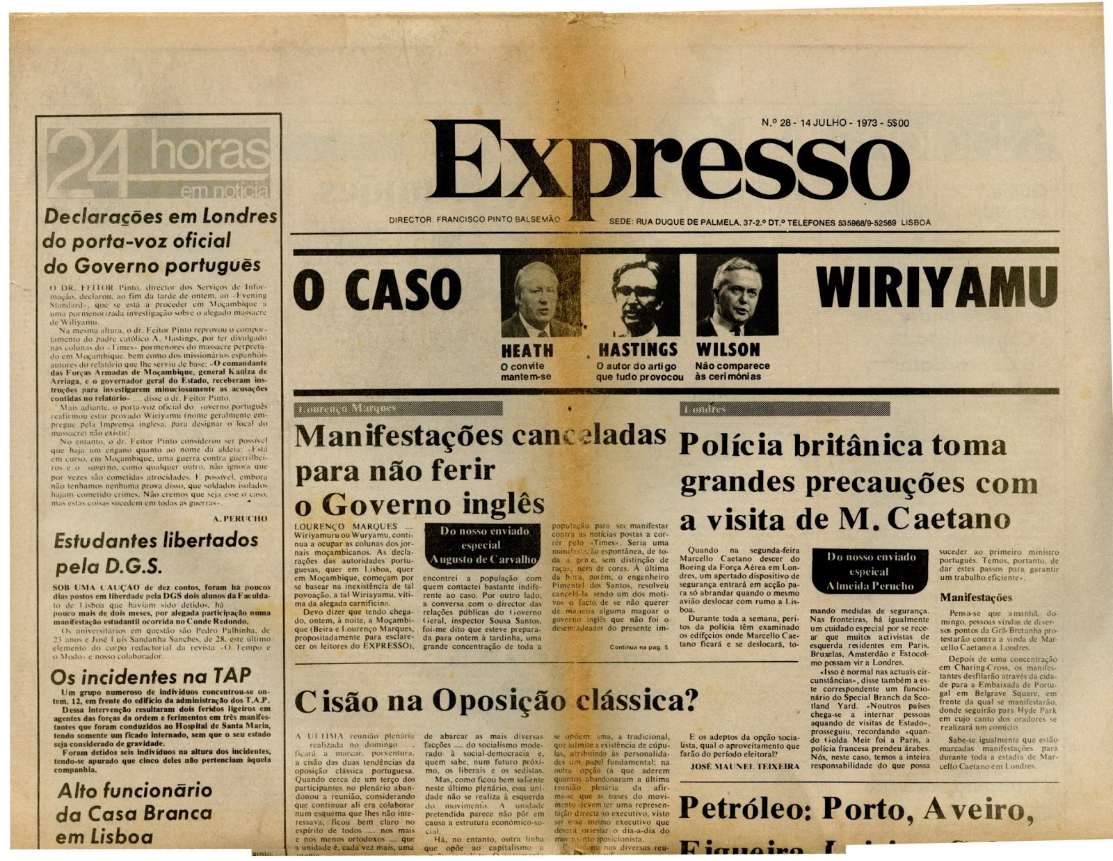 Portadaloja Expresso 14 Julho 1973 A Reposição Da História