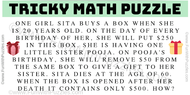 One girl Sita buys a box when she is 20 years old. On the day of every birthday of her, she will put $250 in this box. She is having one little sister Pooja. On Pooja's birthday, she will remove $50 from the same box to give a gift to her sister. Sita dies at the age of 60. When the box is opened after her death it contains only $500. How?