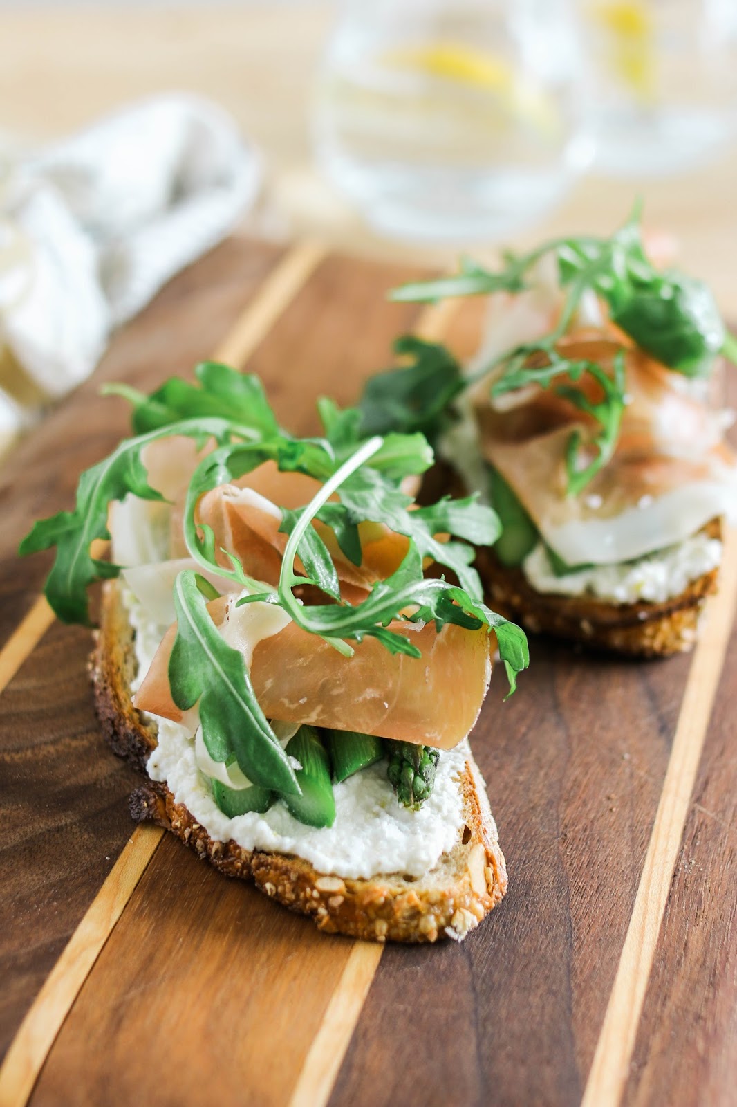 Ginger Rose Asparagus Prosciutto & Ricotta Crostini with Arugula