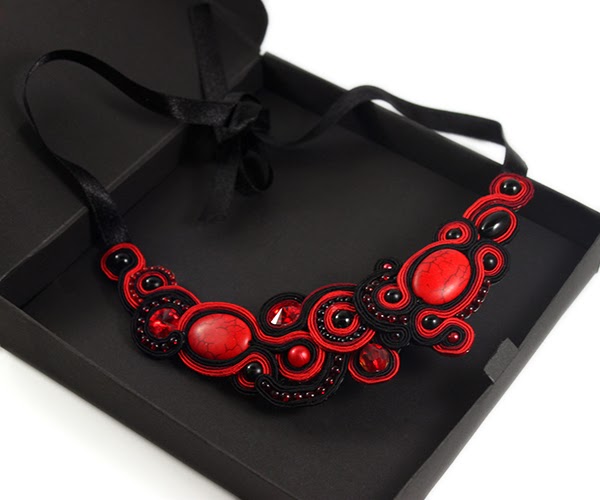 beautiful soutache necklace, claret, red and black colours, jasper, howlit swarovski