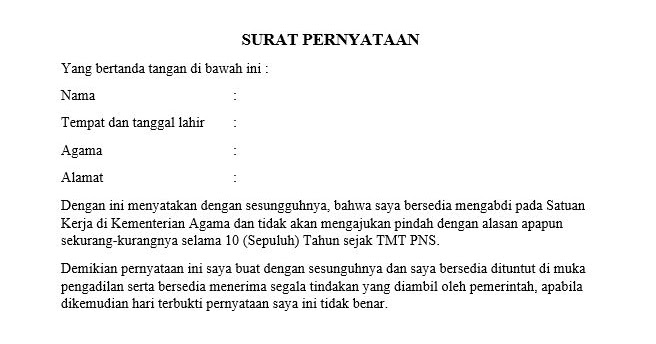 Contoh Surat Pernyataan Bersedia Ditempatkan bagi CPNS