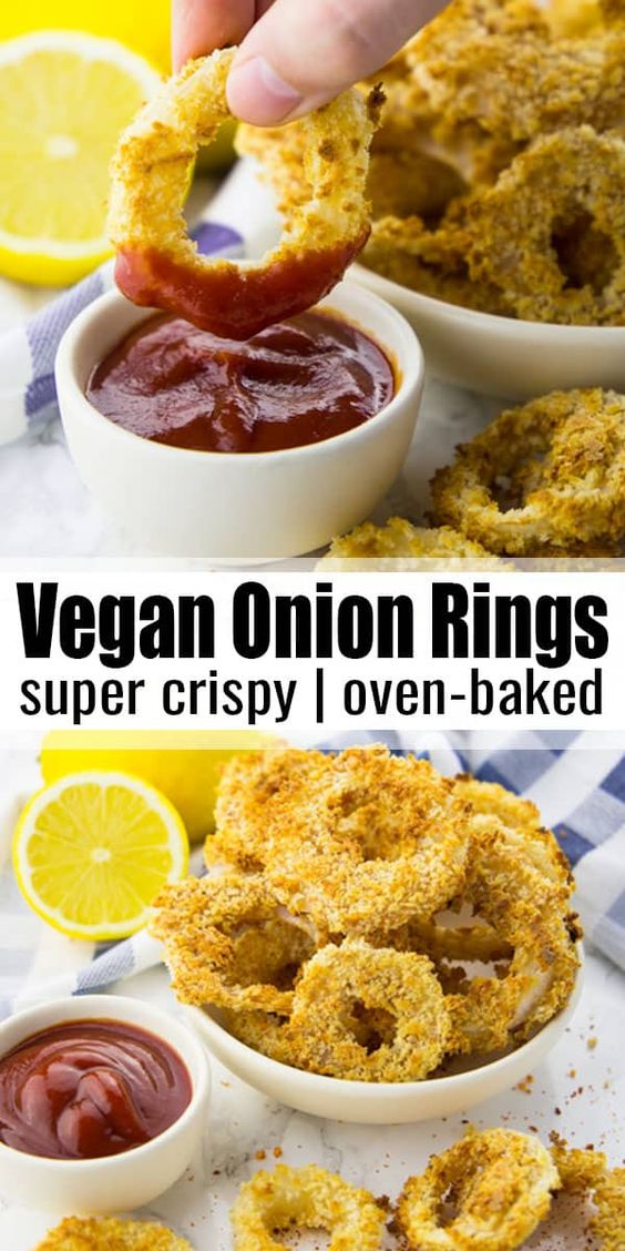 You are going to love these vegan onion rings! They are incredibly easy to make, crispy, and delicious. Plus, they are oven-baked, which makes them so much healthier than fried onion rings! Find more vegan recipes at veganheaven.org! #vegan #veganrecipes